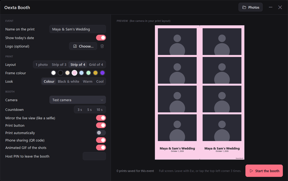 The Oexta Booth set-up screen with a live layout preview